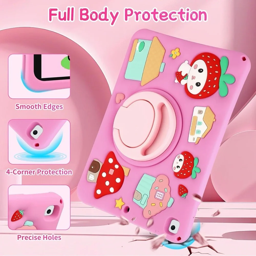 Kids iPad 10.2 Inch Case Pink Strawberry Stand Strap 7th 8th 9th Gen